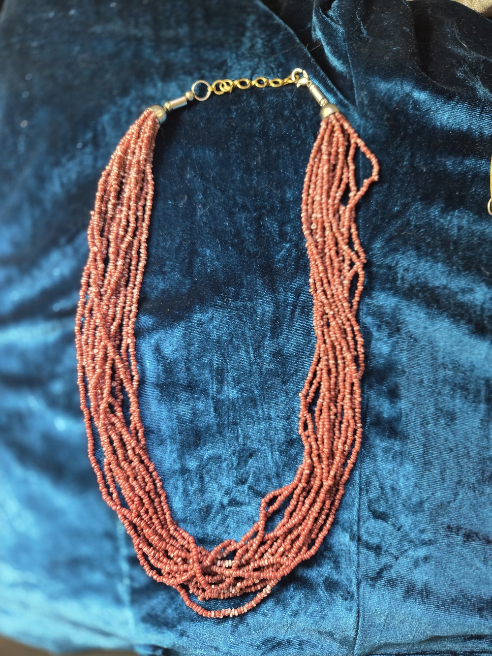 Multi-Strand Seed Bead Necklace in Rust Red with Gold Accent